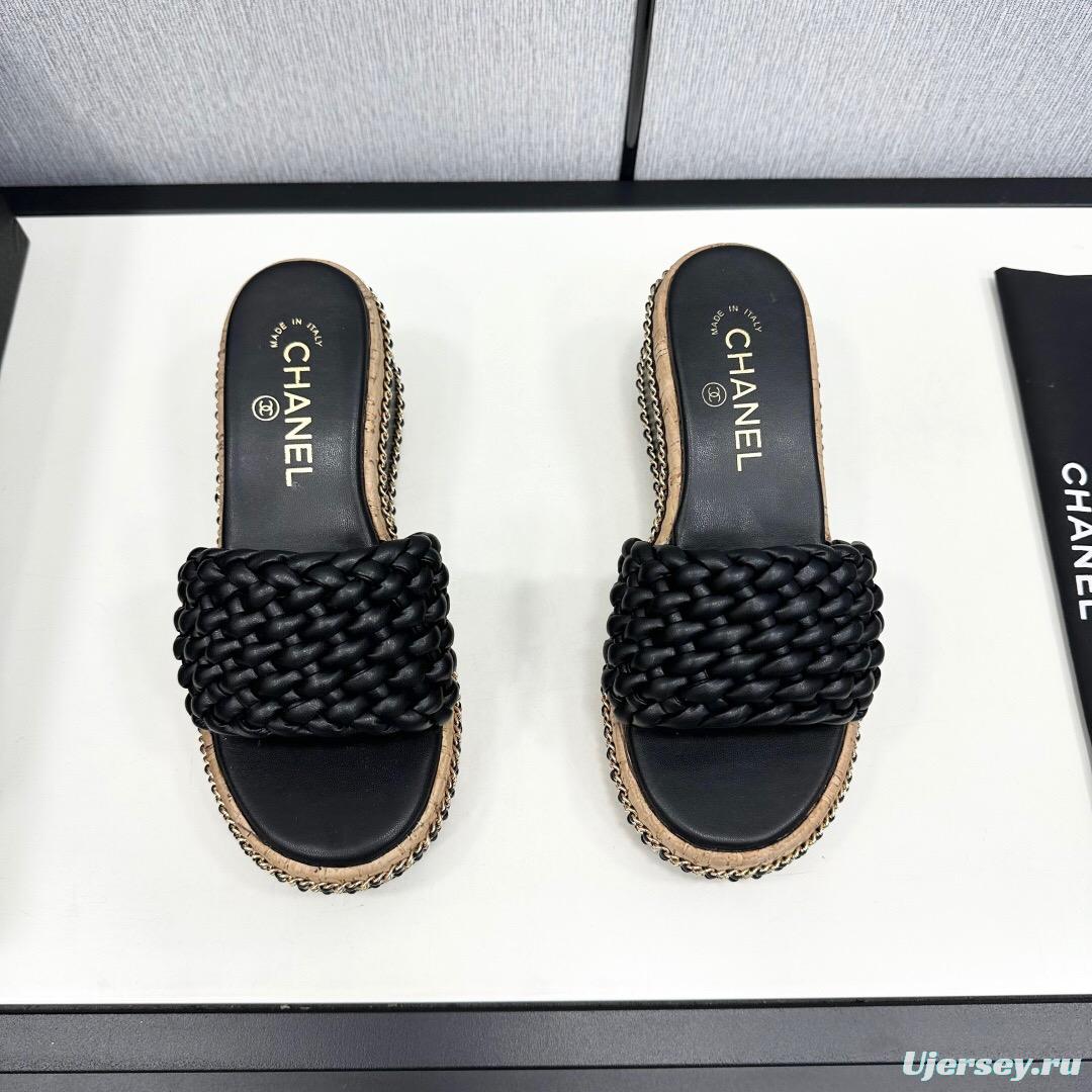 2025 Women Chanel Black Leather Woven Platform Sandals