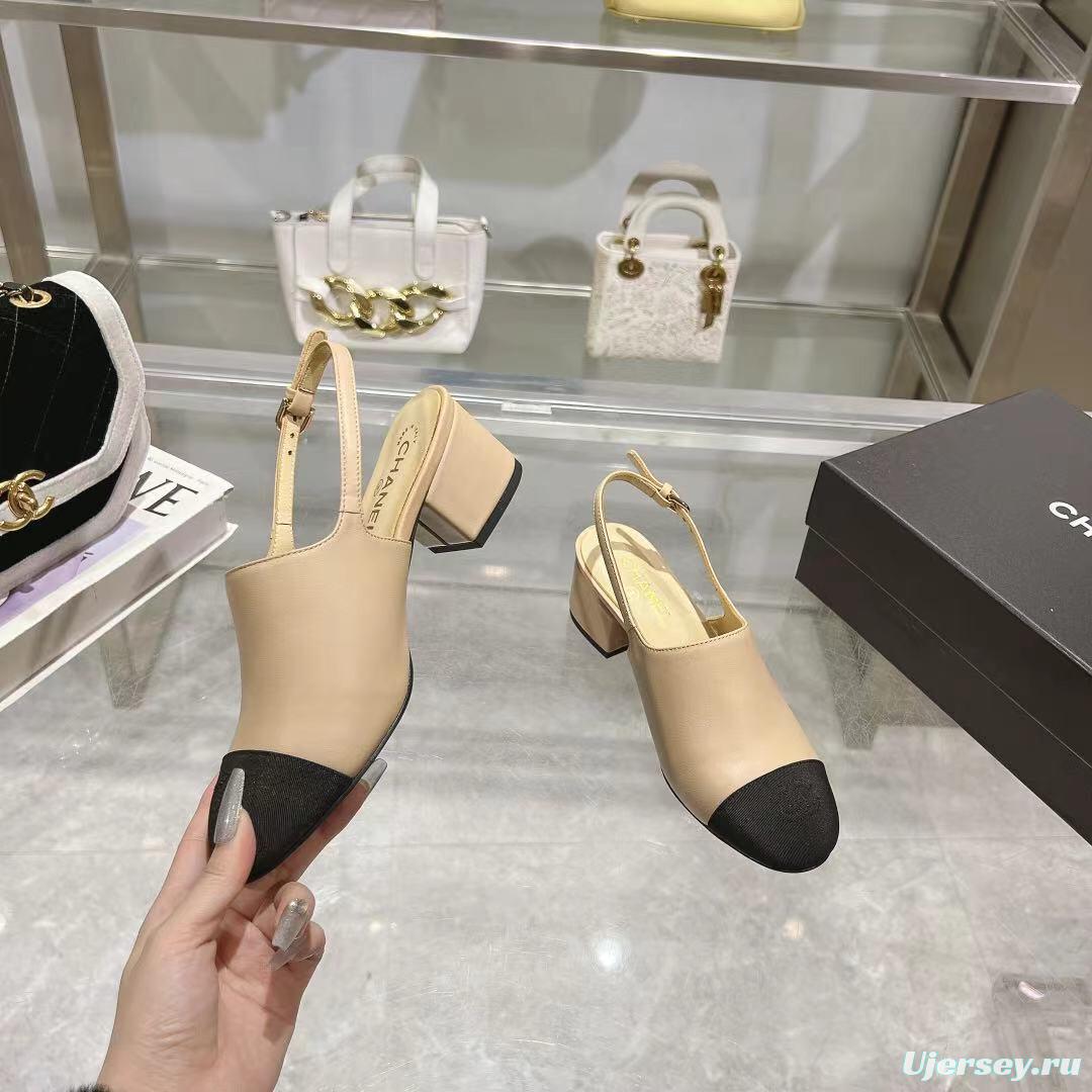 2025 Women Chanel Beige Black Leather Slingback Block Heel LY00300