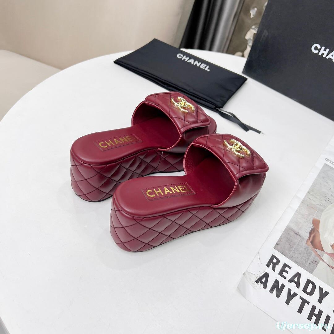 2025 Women Chanel Burgundy Leather Platform Sandals
