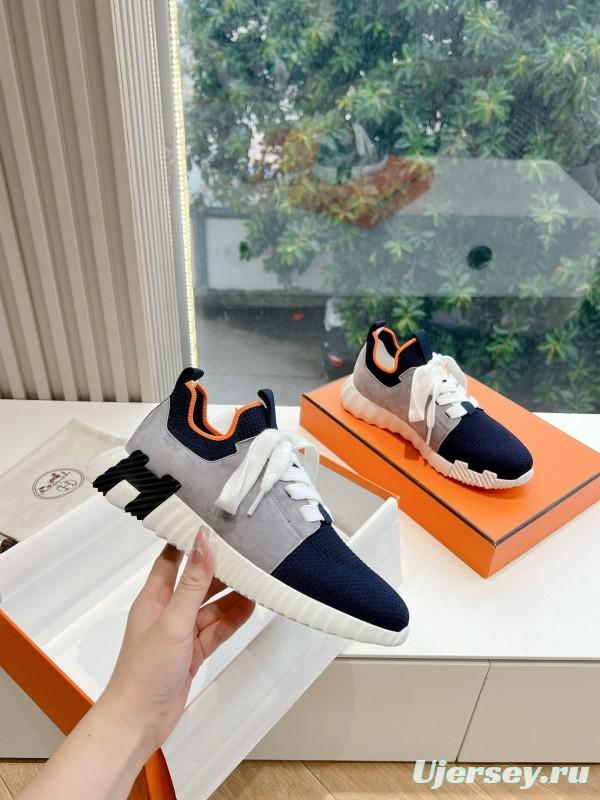2024 Unisex Hermès blue grey orange knit leather sneakers