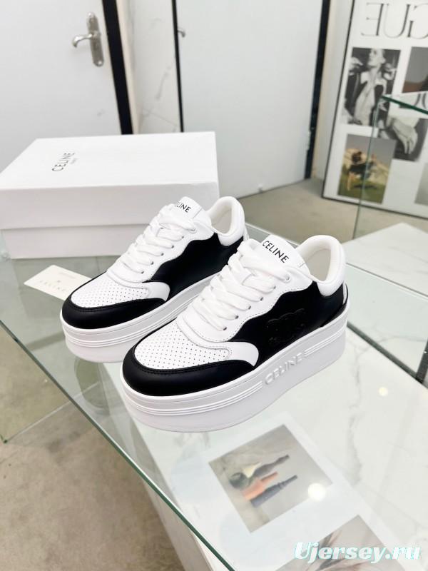 2025 Women Celine Black White Leather Platform Sneakers Block Triomphe LY00270