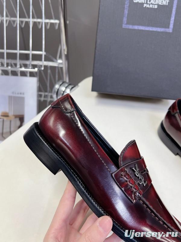 2025 Women Yves Saint Laurent Burgundy Calf Leather Loafers KFY00350