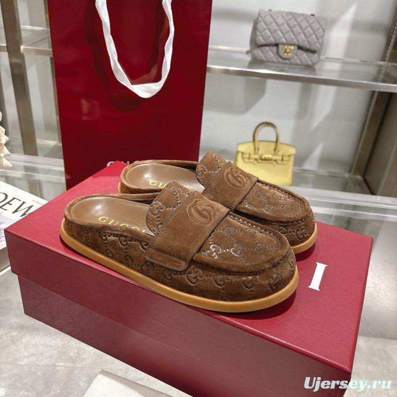 2025 Women Gucci Dark Brown Suede Mule Embossed GG LY00270