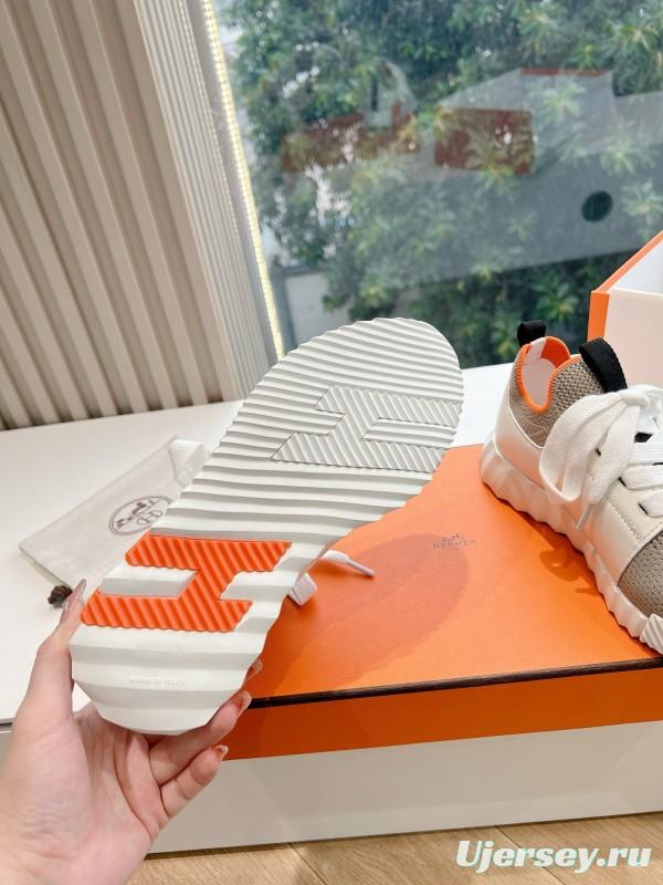 2024 Unisex Hermès Beige Orange Calfskin Suede Sneakers MJ00290(F/W)
