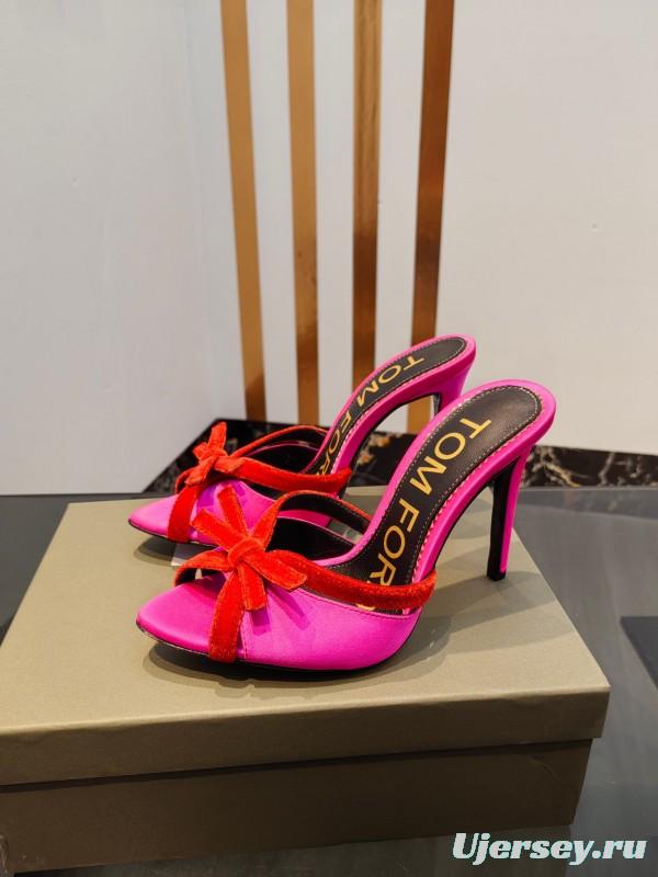 2025 Women TOM FORD Pink Red Silk Velvet High Heel Mules KFY00290