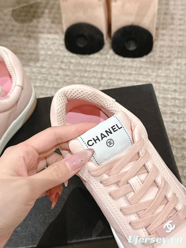 2025 Women Chanel Pink Leather Sneakers