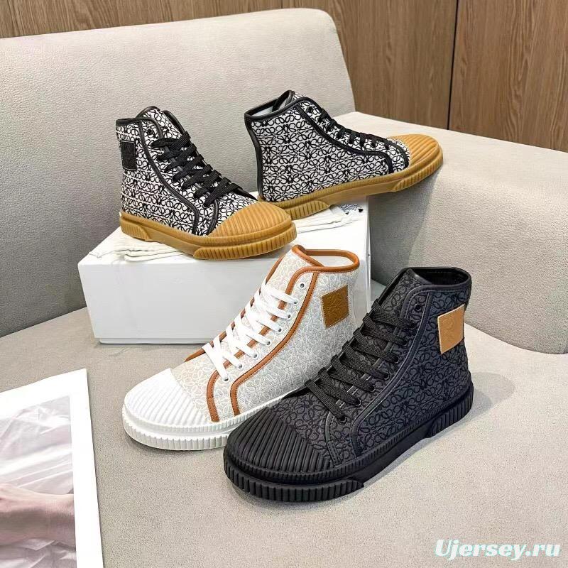 2025 Women Loewe White Brown Canvas High-top Sneakers LY00420