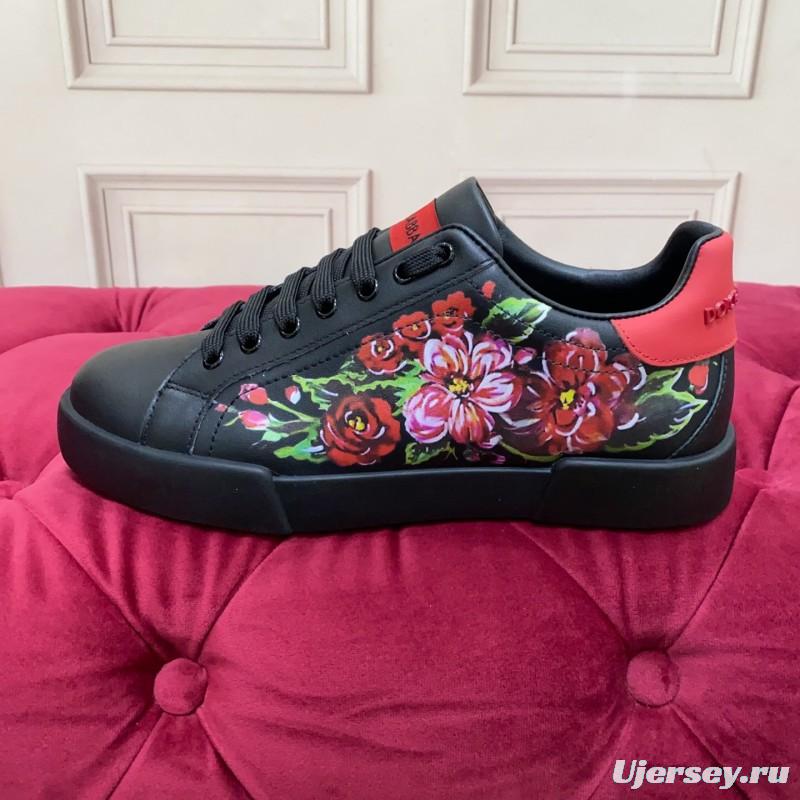2025 Women Dolce & Gabbana Black Red Leather Sneakers Floral LY00300