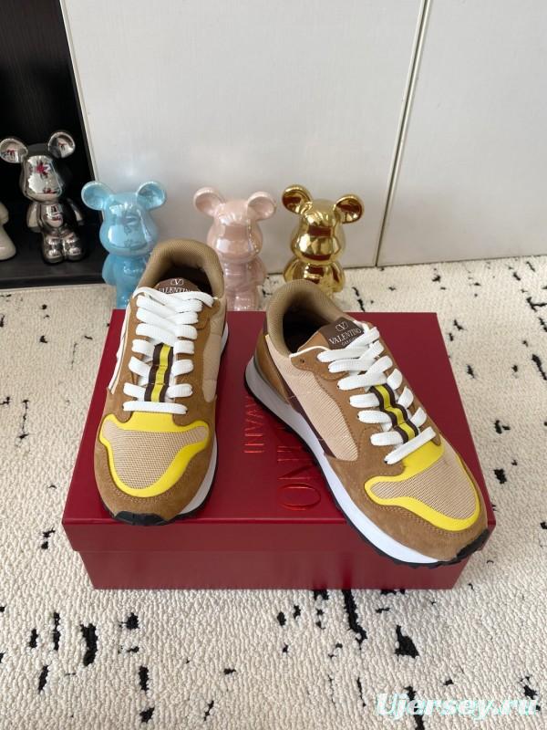 2025 Unisex Valentino Beige Brown Yellow Suede Silk Cow Leather Sneakers LY00340