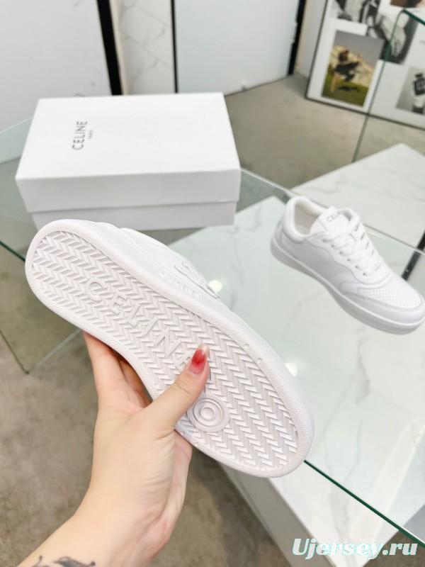 2025 Women Celine White Leather Sneakers Block Triomphe KFY00260