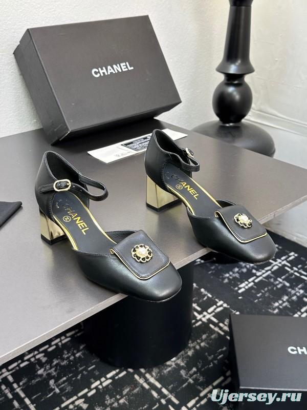 2025 Women CHANEL Black Leather Block Heel Metal Accent LY00360