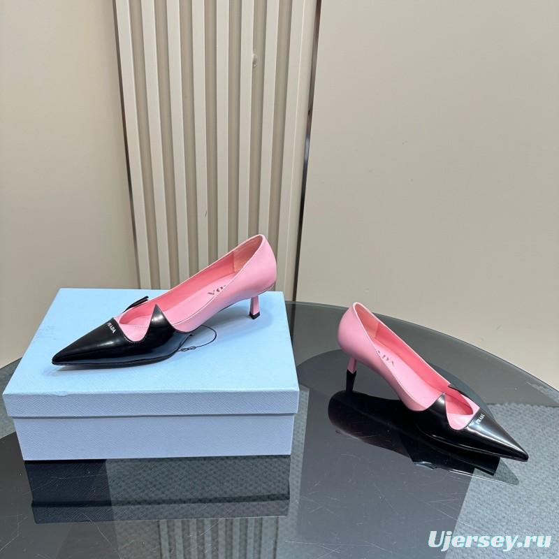 2025 Women Prada Pink Black Leather Pointed Toe Low Heel KFY00310