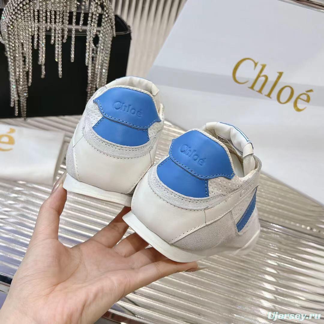 2025 Women Chloé White Blue Mesh Leather Casual Sneakers LY00280