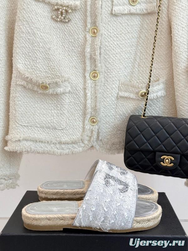 2025/Women Chanel White Lace Espadrille Slides Handmade Craft KFY00240(F)