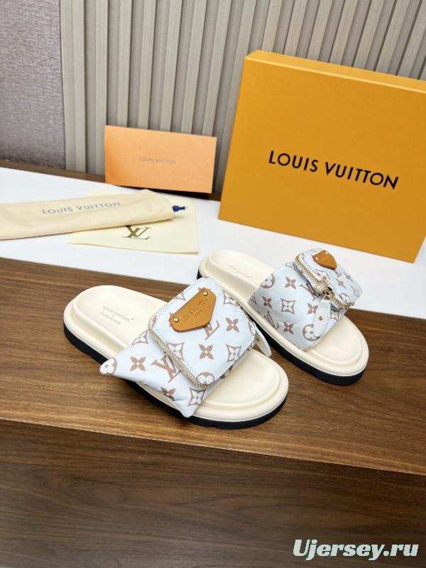 2025 Women Louis Vuitton White Brown Canvas Slippers KFY00230