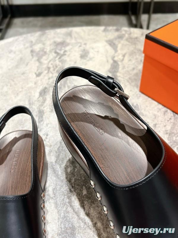 2025 Women Hermès Black Leather Sandals