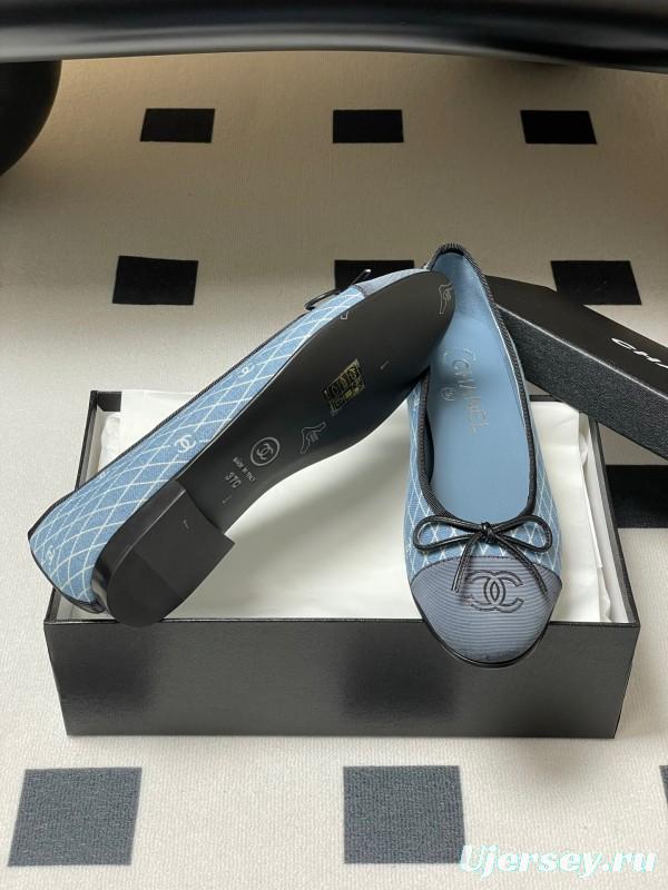 2025 Women Chanel Blue Denim Ballet Flats KFY00300
