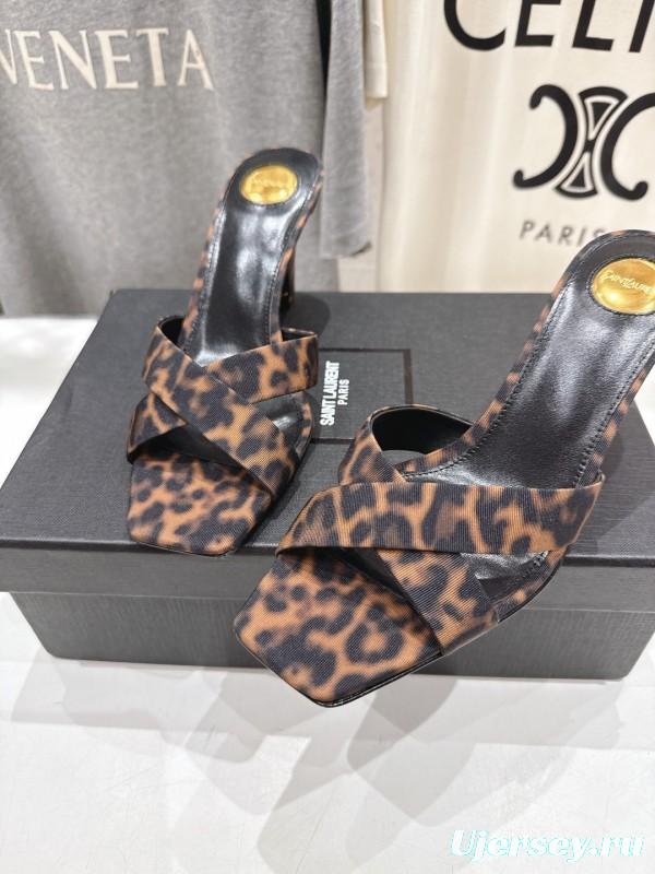 2025 Women Yves Saint Laurent Leopard Print Leather High Heel Sandals
