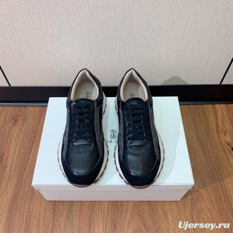 2025 Unisex Brunello Cucinelli Black Brown Leather Suede Sneakers LY