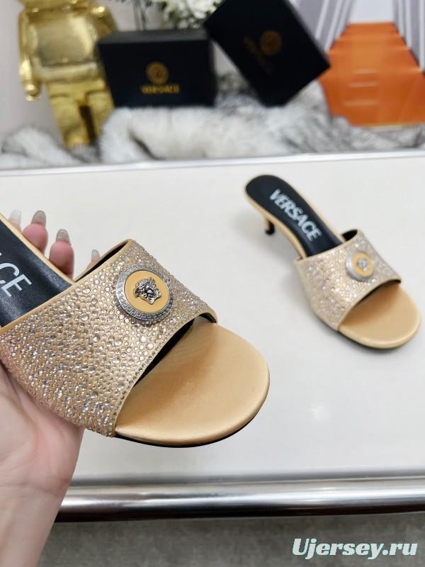 2025 Women VERSACE Gold Silk Rhinestone Heeled Sandals