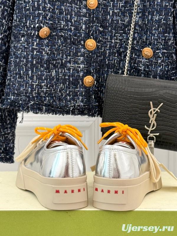 2025 Women Marni Silver Leather Thick Sole Retro Style Platform Sneakers LY00360(F)