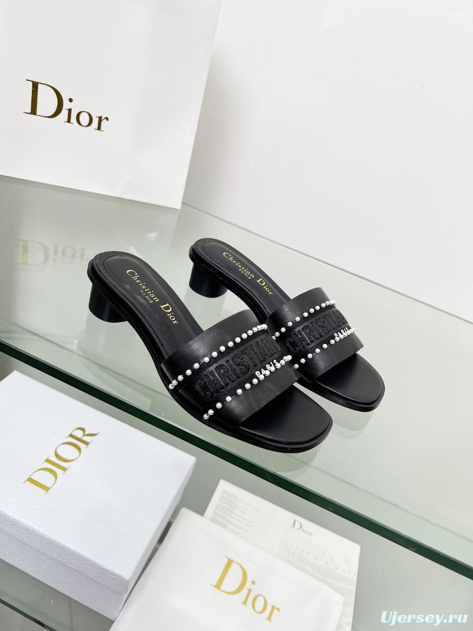 2025 Women Dior Black Leather Mules Pearl LY00210