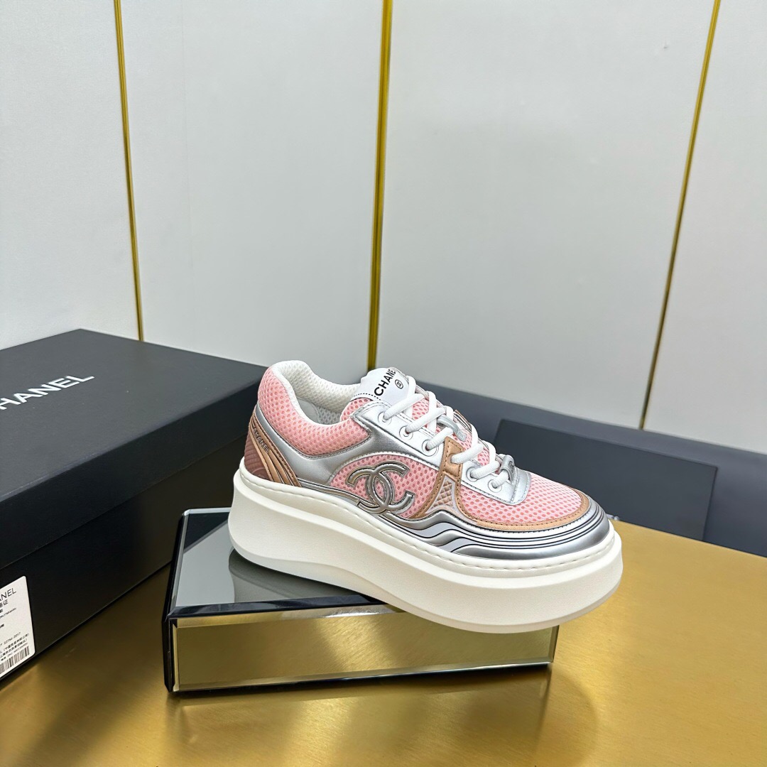 2025 Women Chanel Pink Silver Leather Mesh Sneakers