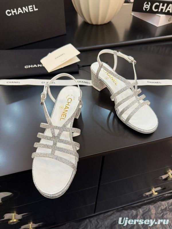 2025 Women Chanel White Synthetic Leather Sandals