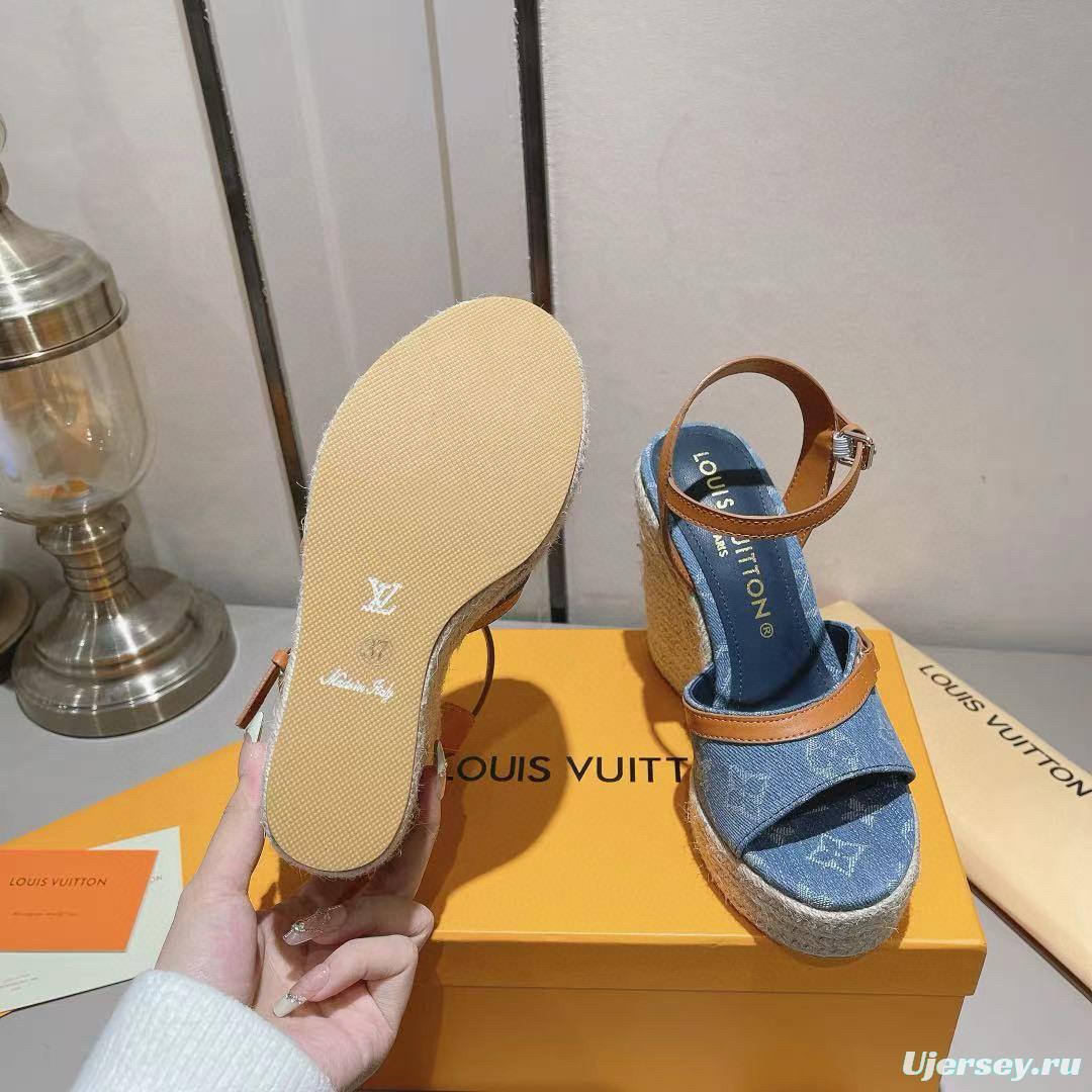 2025 Women Louis Vuitton Blue Denim Leather Espadrilles Sandals MJ00280