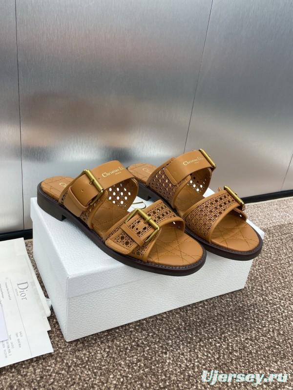 2025 Women Dior Brown Leather Slip-on Sandals