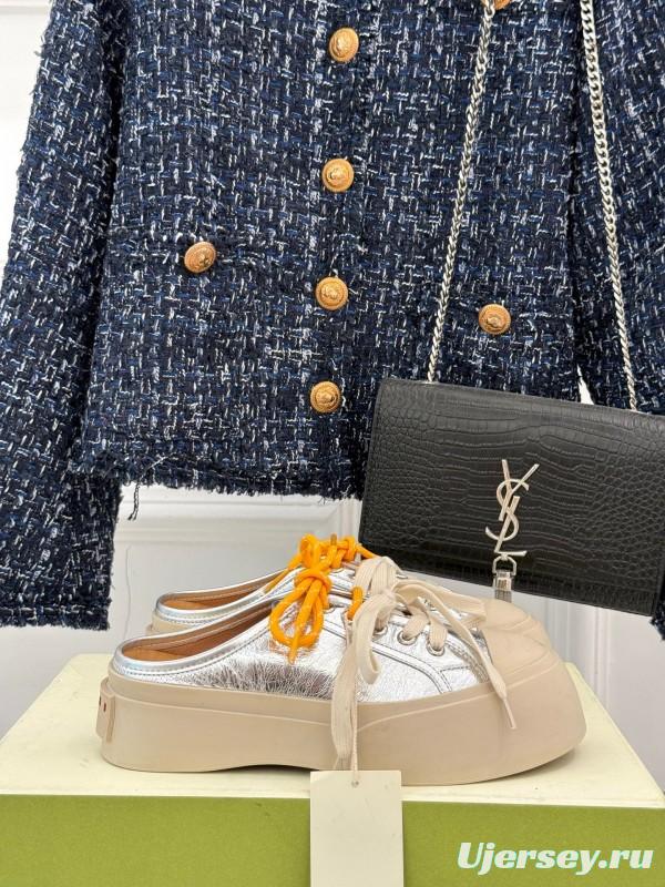 2025 Women Yves Saint Laurent Silver Leather Platform Sneakers With Orange And Beige Laces YSL123(F)