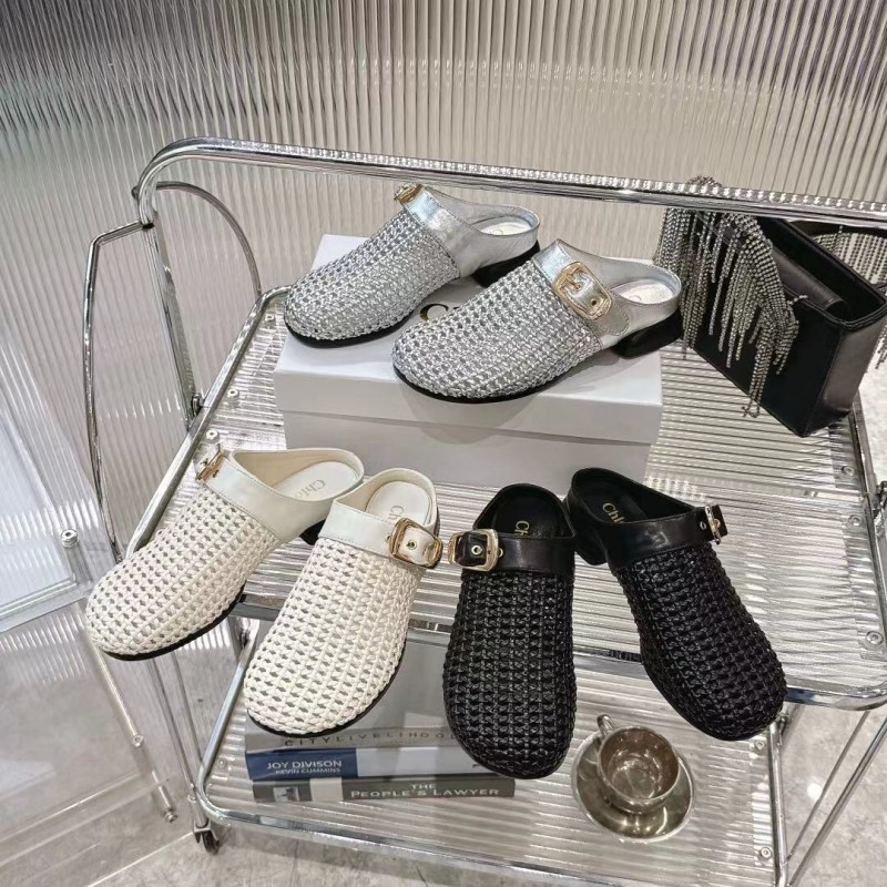 2025 Women Chloé Silver Leather Woven Slippers