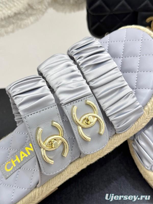 2025 Women Chanel Silver Leather Slippers KFY00230