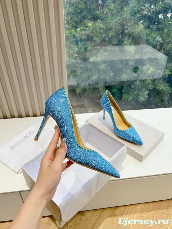 2025 Women Jimmy Choo Blue Glitter Leather Pumps