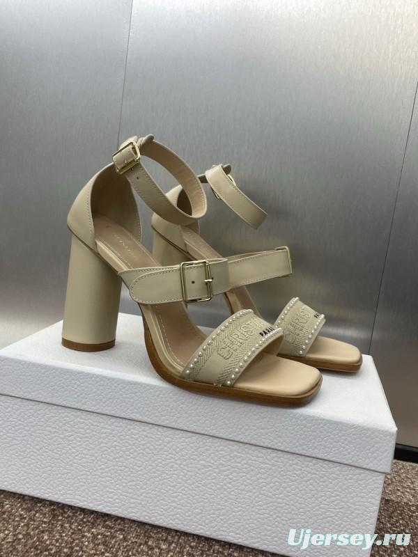 2025 Women Dior Beige Calf Leather Sheepskin Pearl Embroidered High Heel Sandals KFY00320