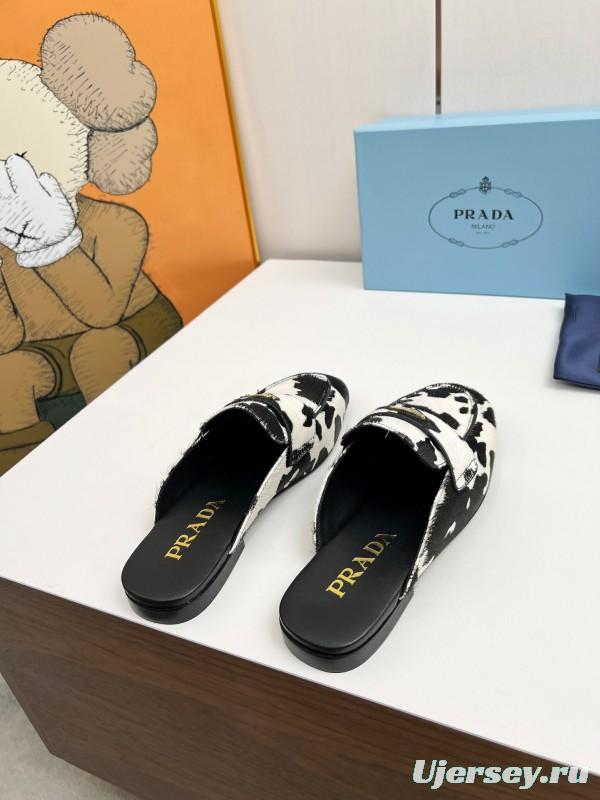 2025 Women Prada Black White Calf Hair Loafers LY00260