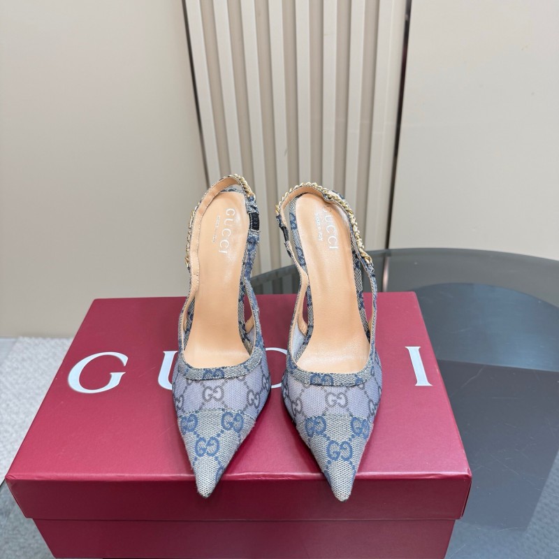 2025 Women Gucci White Mesh Slingback Heels With Crystal Chain Detailing KFY00300(F)