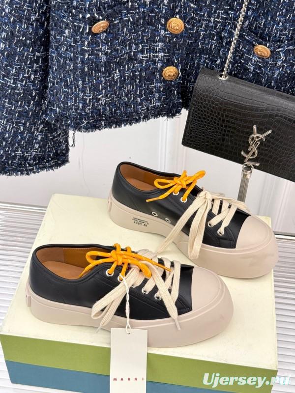 2025 Women Marni Black Leather Platform Sneakers With Contrast Laces LY00360(F)