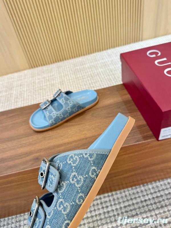 2025 Women Gucci Light Blue Canvas Leather Sandals