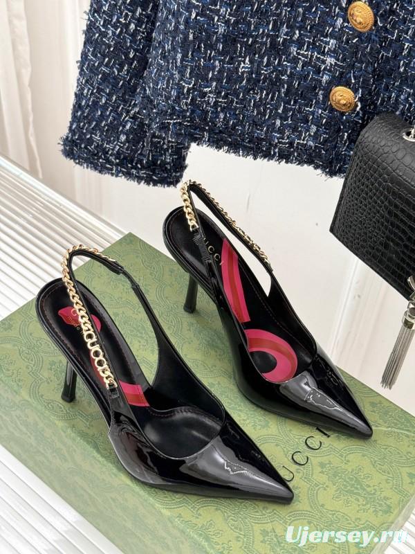 2025 Women Gucci Black Patent Leather Slingback High Heel Chain Detail