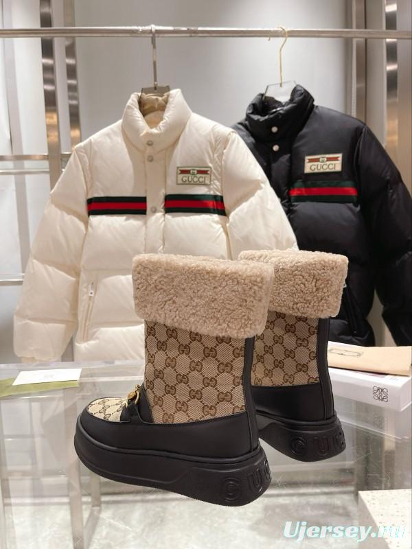 2024 Women Gucci Beige Brown Leather Snow Boots Horsebit MJ00420