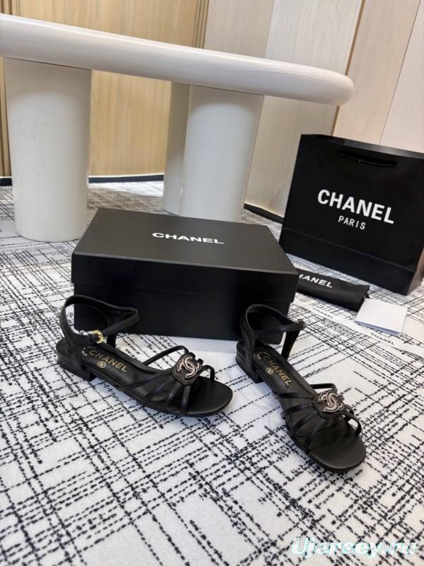 2025 Women Chanel Black Leather Sandals LY00270