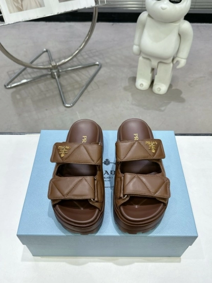 2025 Women Prada Brown Leather Sandals