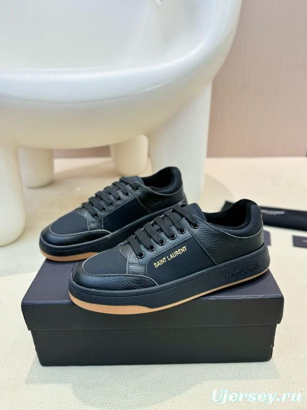 2024 Unisex Yves Saint Laurent Black Silk Leather Casual Shoes Embossed Logo MJ00350