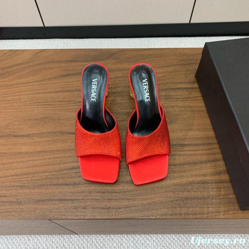 2025 Women VERSACE Red Leather Suede Slip-on Sandals