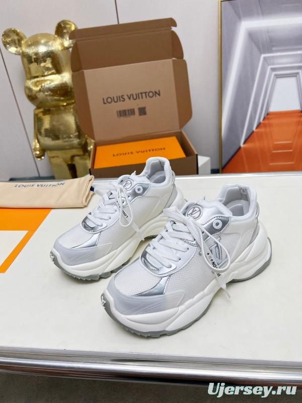 2025 Women Louis Vuitton White Gold Leather Mesh Sneakers LY00340