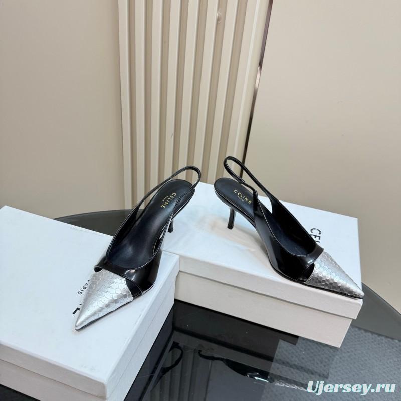 2025 Women CELINE Black White Leather Slingback Heels KFY00310