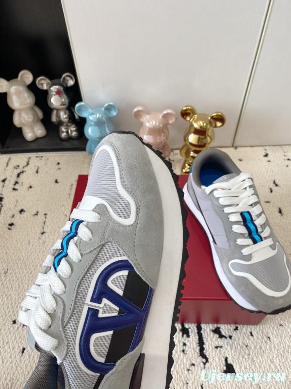 2025 Unisex Valentino Grey Blue White Leather Silk Glossy Running Sneakers LY00340