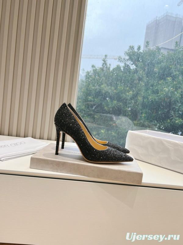 2025 Women Jimmy Choo Black Glitter Leather High Heel Pumps KFY00280