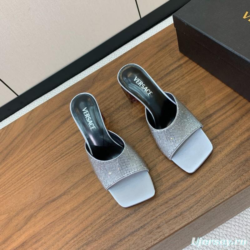 2025 Women VERSACE Silver Leather Slippers